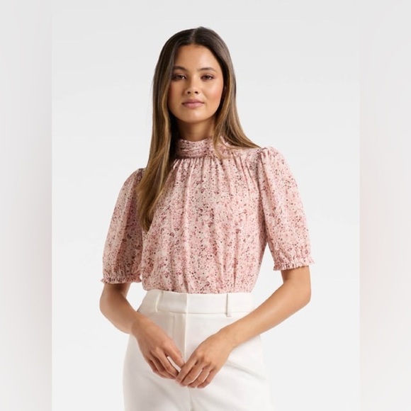 Ever New - Spring Casual Vintage-Inspired Pink Floral Blouse with High Neck - Picture 1 of 10